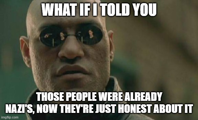 Matrix Morpheus Meme | WHAT IF I TOLD YOU THOSE PEOPLE WERE ALREADY NAZI'S, NOW THEY'RE JUST HONEST ABOUT IT | image tagged in memes,matrix morpheus | made w/ Imgflip meme maker