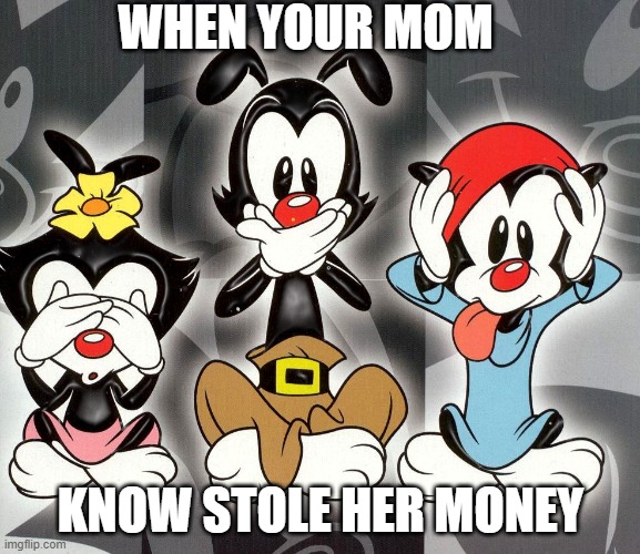 animaniacs | WHEN YOUR MOM; KNOW STOLE HER MONEY | image tagged in animaniacs | made w/ Imgflip meme maker