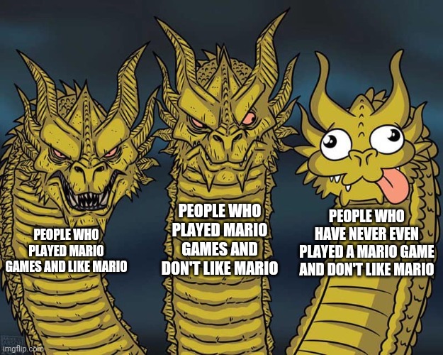 Derpy Dragon | PEOPLE WHO PLAYED MARIO GAMES AND DON'T LIKE MARIO; PEOPLE WHO HAVE NEVER EVEN PLAYED A MARIO GAME AND DON'T LIKE MARIO; PEOPLE WHO PLAYED MARIO GAMES AND LIKE MARIO | image tagged in three dragons | made w/ Imgflip meme maker