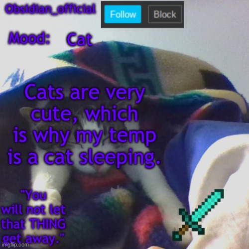 Cat; Cats are very cute, which is why my temp is a cat sleeping. | image tagged in obsidian_official's template2 | made w/ Imgflip meme maker