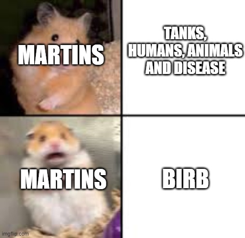 Mars Attacks in a nutshell | TANKS, HUMANS, ANIMALS AND DISEASE; MARTINS; MARTINS; BIRB | image tagged in scared hamster,mars attacks | made w/ Imgflip meme maker