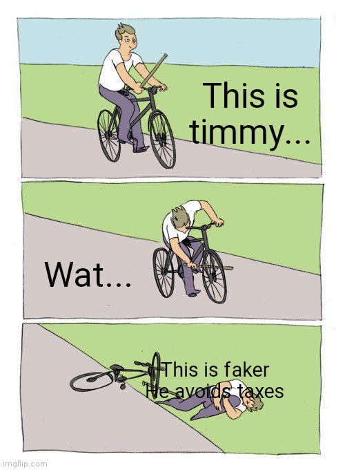 Timmy why | This is timmy... Wat... This is faker
He avoids taxes | image tagged in memes,bike fall | made w/ Imgflip meme maker