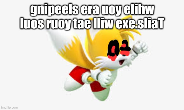 Tails | gnipeels era uoy elihw luos ruoy tae lliw exe.sliaT | image tagged in tails | made w/ Imgflip meme maker