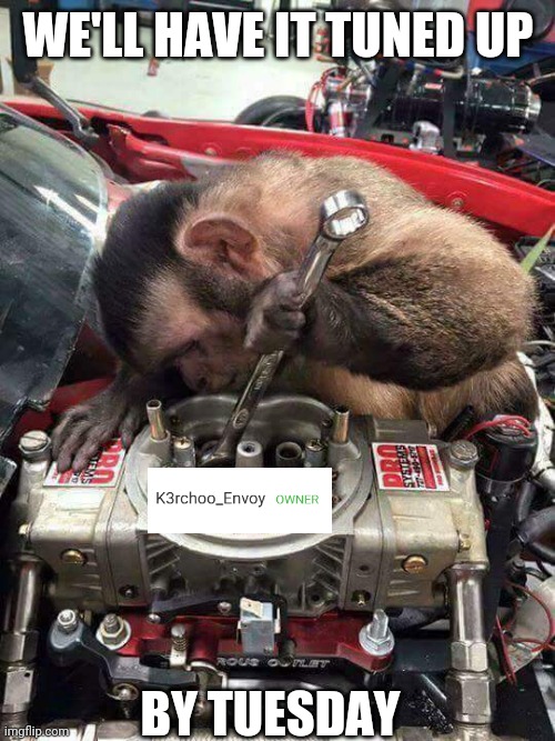 Monkey mechanic | WE'LL HAVE IT TUNED UP BY TUESDAY | image tagged in monkey mechanic | made w/ Imgflip meme maker