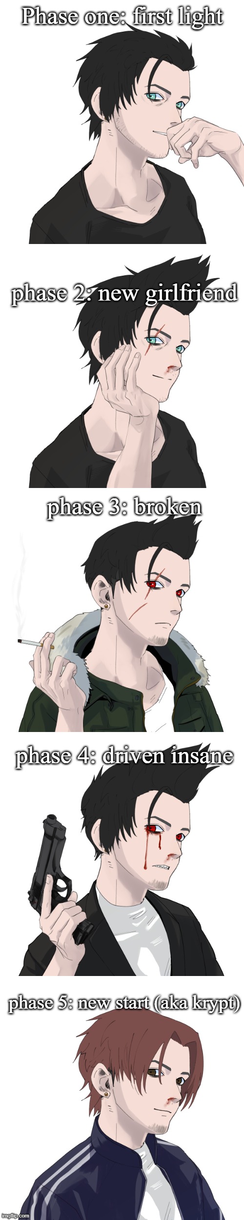 evolution of Eric | Phase one: first light; phase 2: new girlfriend; phase 3: broken; phase 4: driven insane; phase 5: new start (aka krypt) | image tagged in image tags | made w/ Imgflip meme maker