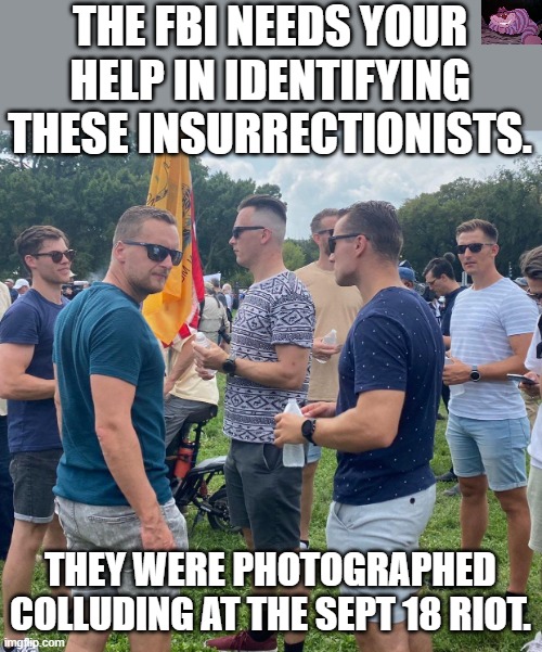 Nothing says FEDS like crew-cuts and Ray-Bans | THE FBI NEEDS YOUR HELP IN IDENTIFYING THESE INSURRECTIONISTS. THEY WERE PHOTOGRAPHED COLLUDING AT THE SEPT 18 RIOT. | image tagged in fbi | made w/ Imgflip meme maker