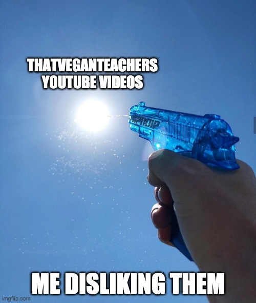 bruh u cant even comment on her videos | THATVEGANTEACHERS YOUTUBE VIDEOS; ME DISLIKING THEM | image tagged in shooting the sun with water | made w/ Imgflip meme maker