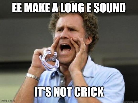 It's not crick | EE MAKE A LONG E SOUND; IT'S NOT CRICK | image tagged in yelling | made w/ Imgflip meme maker