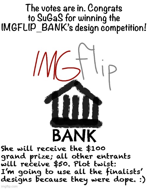 Not bad y’all. | The votes are in. Congrats to SuGaS for winning the IMGFLIP_BANK’s design competition! She will receive the $100 grand prize; all other entrants will receive $50. Plot twist: I’m going to use all the finalists’ designs because they were dope. :) | image tagged in imgflip bank sugas,imgflip_bank,imgflip_presidents,design,competition,winner | made w/ Imgflip meme maker