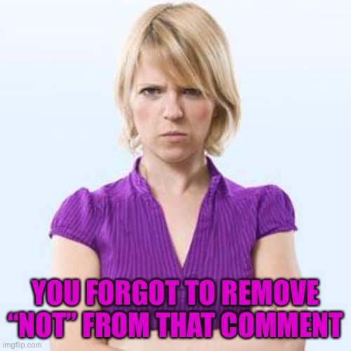 Angry woman | YOU FORGOT TO REMOVE “NOT” FROM THAT COMMENT | image tagged in angry woman | made w/ Imgflip meme maker