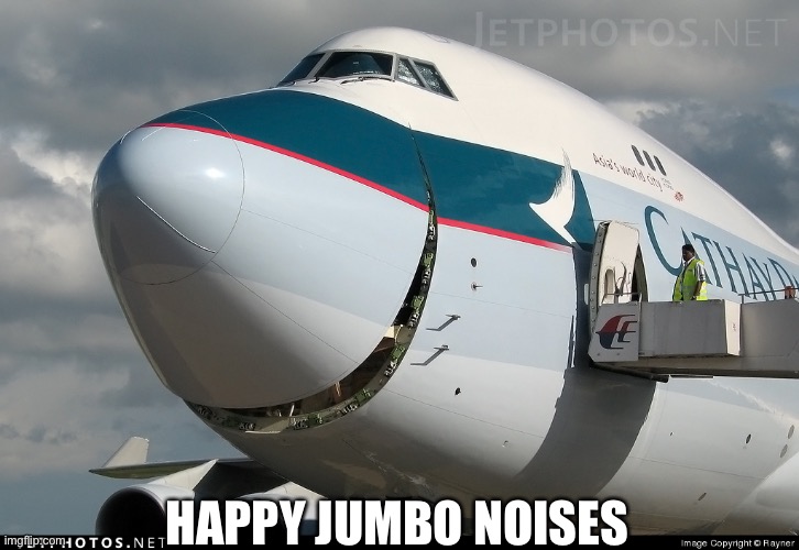 Boeing 747 smiling | HAPPY JUMBO NOISES | image tagged in boeing 747 smiling | made w/ Imgflip meme maker