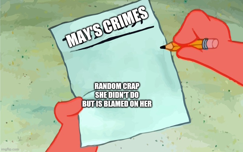 patrick to do list actually blank | MAY'S CRIMES RANDOM CRAP SHE DIDN'T DO BUT IS BLAMED ON HER | image tagged in patrick to do list actually blank | made w/ Imgflip meme maker