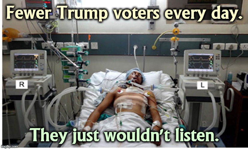 Yes, but he showed 'em. | Fewer Trump voters every day. They just wouldn't listen. | image tagged in covid pandemic hospital patient,anti vax,dying,dead,trump,voters | made w/ Imgflip meme maker