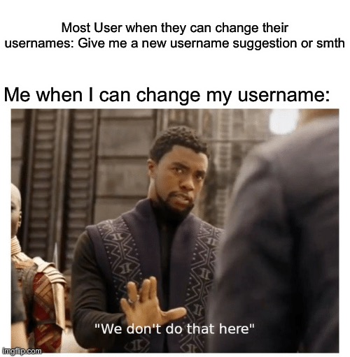 *Doesn’t change username for whole year* | Most User when they can change their usernames: Give me a new username suggestion or smth; Me when I can change my username: | image tagged in we don't do that here | made w/ Imgflip meme maker