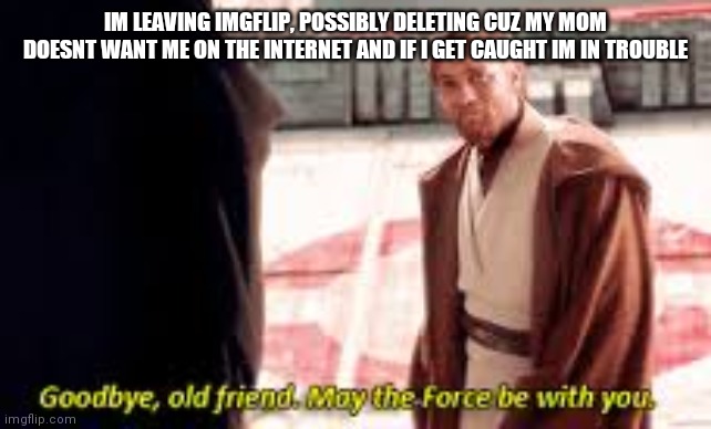 Im sorry | IM LEAVING IMGFLIP, POSSIBLY DELETING CUZ MY MOM DOESNT WANT ME ON THE INTERNET AND IF I GET CAUGHT IM IN TROUBLE | image tagged in goodbye old friend may the force be with you | made w/ Imgflip meme maker
