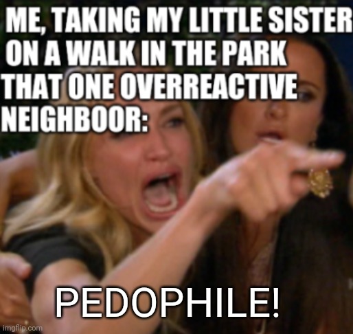 anybody else? | PEDOPHILE! | image tagged in woman yelling at cat,overreactive neighboor,karen probably | made w/ Imgflip meme maker