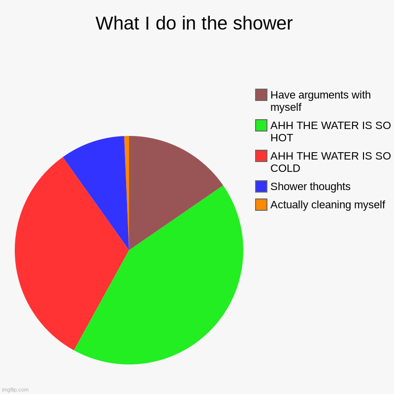 What I do in the shower | Actually cleaning myself, Shower thoughts, AHH THE WATER IS SO COLD, AHH THE WATER IS SO HOT, Have arguments with  | image tagged in charts,pie charts | made w/ Imgflip chart maker