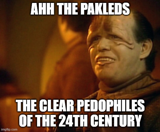They Really Trafficked Little Kids | AHH THE PAKLEDS; THE CLEAR PEDOPHILES OF THE 24TH CENTURY | image tagged in pakled star trek next generation | made w/ Imgflip meme maker