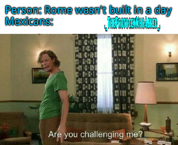 Idk i just know Mexicans as quick builders | Person: Rome wasn't built in a day
Mexicans: | image tagged in are you challenging me | made w/ Imgflip meme maker