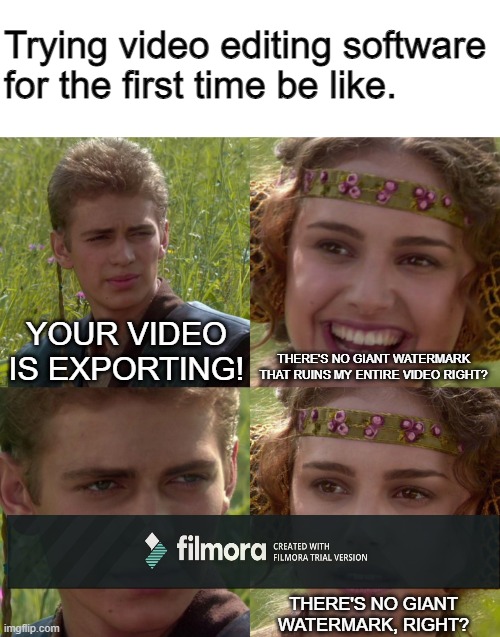 Trying video editing software for the first time be like. YOUR VIDEO IS EXPORTING! THERE'S NO GIANT WATERMARK THAT RUINS MY ENTIRE VIDEO RIGHT? THERE'S NO GIANT WATERMARK, RIGHT? | image tagged in anakin padme 4 panel,for the better right,watermark,software,export,video | made w/ Imgflip meme maker