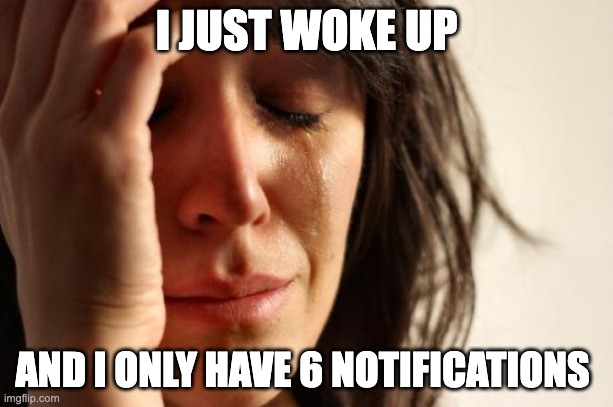 I wanted more bruh | I JUST WOKE UP; AND I ONLY HAVE 6 NOTIFICATIONS | image tagged in memes,first world problems | made w/ Imgflip meme maker