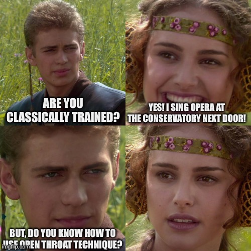 Classically Tainted |  ARE YOU CLASSICALLY TRAINED? YES! I SING OPERA AT THE CONSERVATORY NEXT DOOR! BUT, DO YOU KNOW HOW TO USE OPEN THROAT TECHNIQUE? | image tagged in anakin padme 4 panel | made w/ Imgflip meme maker