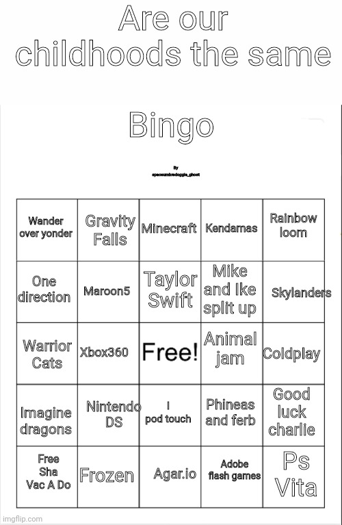 I want to know | Are our childhoods the same; Bingo; By spaceumbredoggie_ghost; Minecraft; Rainbow loom; Gravity Falls; Kendamas; Wander over yonder; Taylor Swift; One direction; Mike and Ike split up; Skylanders; Maroon5; Animal jam; Coldplay; Xbox360; Warrior Cats; Good luck charlie; Nintendo DS; Phineas and ferb; I pod touch; Imagine dragons; Frozen; Free Sha Vac A Do; Ps Vita; Agar.io; Adobe flash games | image tagged in blank bingo | made w/ Imgflip meme maker