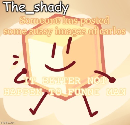 The_shady loser temp | Someone has posted some sussy images of carlos; IT BETTER NOT HAPPEN TO FUNNI MAN | image tagged in the_shady loser temp | made w/ Imgflip meme maker