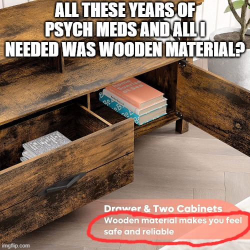 ALL THESE YEARS OF PSYCH MEDS AND ALL I NEEDED WAS WOODEN MATERIAL? | image tagged in furniture | made w/ Imgflip meme maker