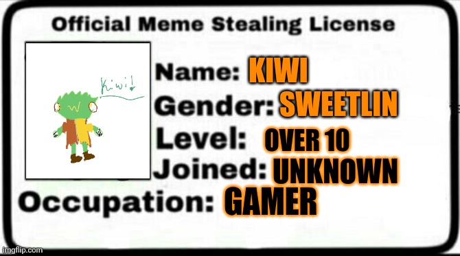 Kiwi's Meme Stealing License | KIWI; SWEETLIN; OVER 10; UNKNOWN; GAMER | image tagged in meme stealing license | made w/ Imgflip meme maker