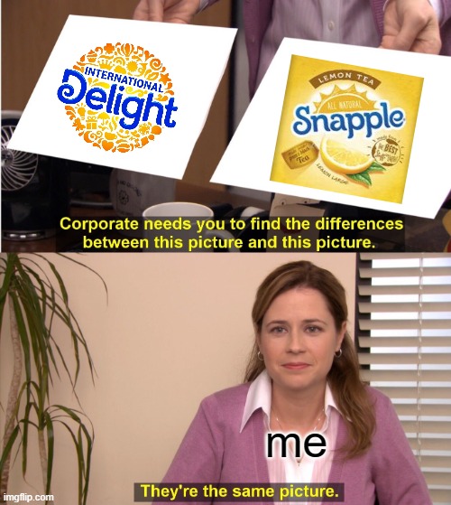 I think both International Delight and Snapple have the same logo style | me | image tagged in memes,they're the same picture,logo,snapple,international delight,funny | made w/ Imgflip meme maker