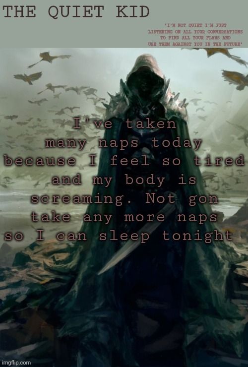 Quiet kid | I've taken many naps today because I feel so tired and my body is screaming. Not gon take any more naps so I can sleep tonight | image tagged in quiet kid | made w/ Imgflip meme maker
