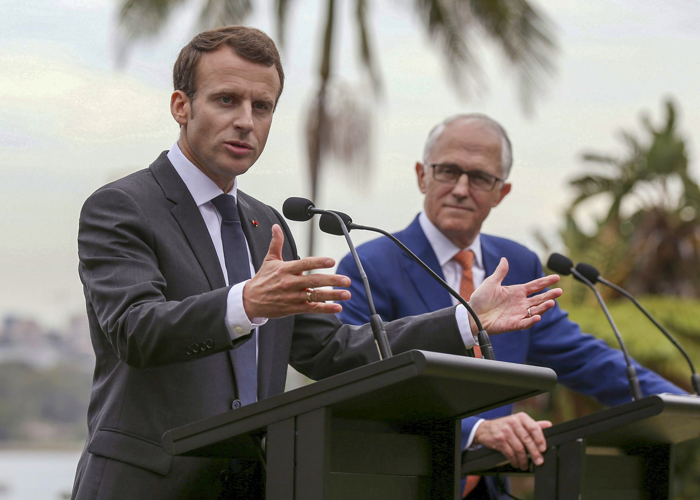 French President Macron Speaks w Aussie PM Malcom Turnbull Blank Meme Template