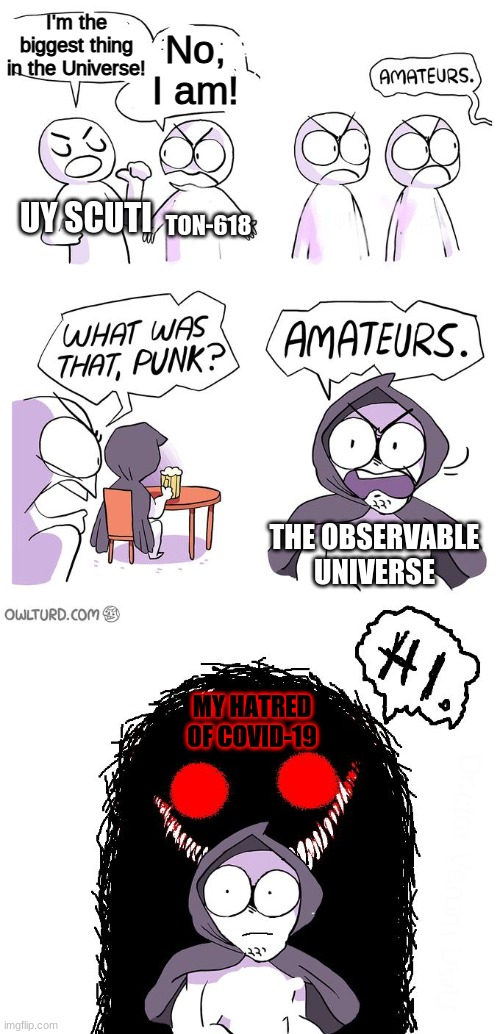 The Biggest Things in the Universe | I'm the biggest thing in the Universe! No, I am! UY SCUTI; TON-618; THE OBSERVABLE UNIVERSE; MY HATRED OF COVID-19 | image tagged in amateurs 3 0 | made w/ Imgflip meme maker