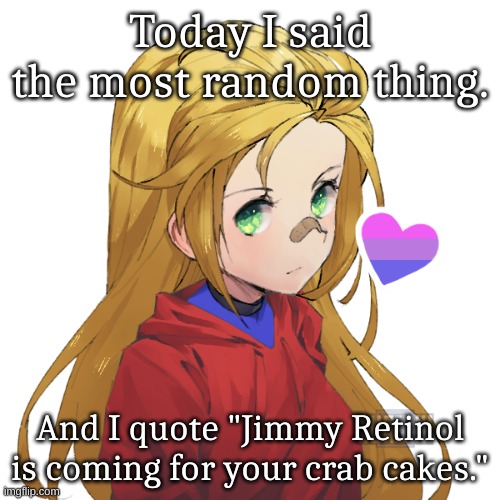 Made for friend | Today I said the most random thing. And I quote "Jimmy Retinol is coming for your crab cakes." | image tagged in holly | made w/ Imgflip meme maker