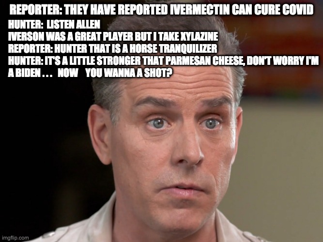 want a shot - rohb/rupe | REPORTER: THEY HAVE REPORTED IVERMECTIN CAN CURE COVID; HUNTER:  LISTEN ALLEN IVERSON WAS A GREAT PLAYER BUT I TAKE XYLAZINE

REPORTER: HUNTER THAT IS A HORSE TRANQUILIZER

HUNTER: IT'S A LITTLE STRONGER THAT PARMESAN CHEESE, DON'T WORRY I'M A BIDEN . . .   NOW    YOU WANNA A SHOT? | image tagged in hunter biden,xylazine | made w/ Imgflip meme maker