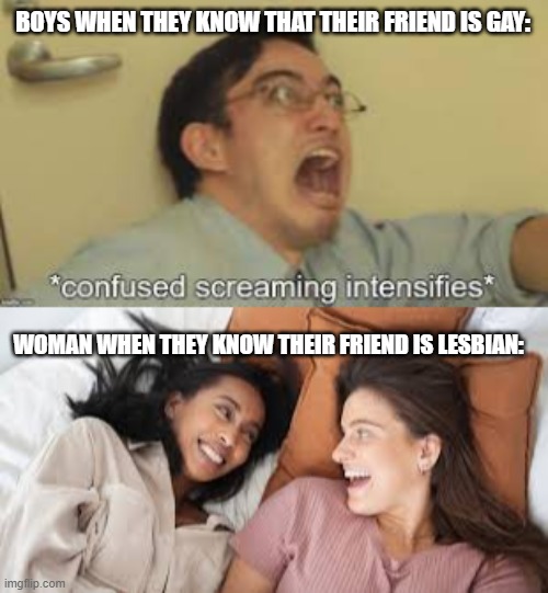 gay vs les reaction |  BOYS WHEN THEY KNOW THAT THEIR FRIEND IS GAY:; WOMAN WHEN THEY KNOW THEIR FRIEND IS LESBIAN: | image tagged in lgbtq | made w/ Imgflip meme maker