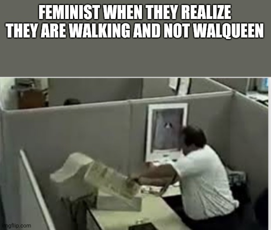 man destroys computer | FEMINIST WHEN THEY REALIZE THEY ARE WALKING AND NOT WALQUEEN | image tagged in man destroys computer | made w/ Imgflip meme maker