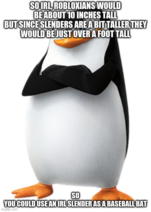 SKIPPA | SO IRL, ROBLOXIANS WOULD BE ABOUT 10 INCHES TALL
BUT SINCE SLENDERS ARE A BIT TALLER,THEY WOULD BE JUST OVER A FOOT TALL; SO
YOU COULD USE AN IRL SLENDER AS A BASEBALL BAT | image tagged in skippa | made w/ Imgflip meme maker