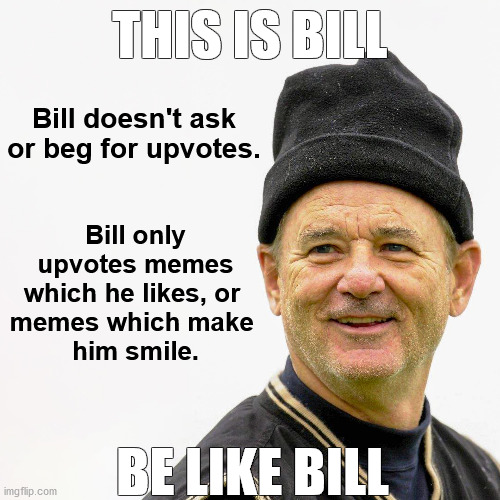 Bill Murray with Beanie Hat - This Is Bill, Be Like Bill Meme | THIS IS BILL; Bill doesn't ask
or beg for upvotes. Bill only
upvotes memes
which he likes, or 
memes which make 
him smile. BE LIKE BILL | image tagged in bill murray,beanie,hat,be like bill,this is bill,upvote beggars | made w/ Imgflip meme maker