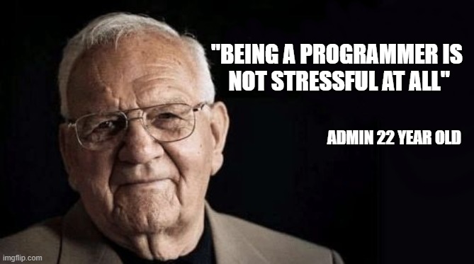 Being/working as xxxxxx is not stressful at all | "BEING A PROGRAMMER IS 
NOT STRESSFUL AT ALL"; ADMIN 22 YEAR OLD | image tagged in being/working as xxxxxx is not stressful at all | made w/ Imgflip meme maker