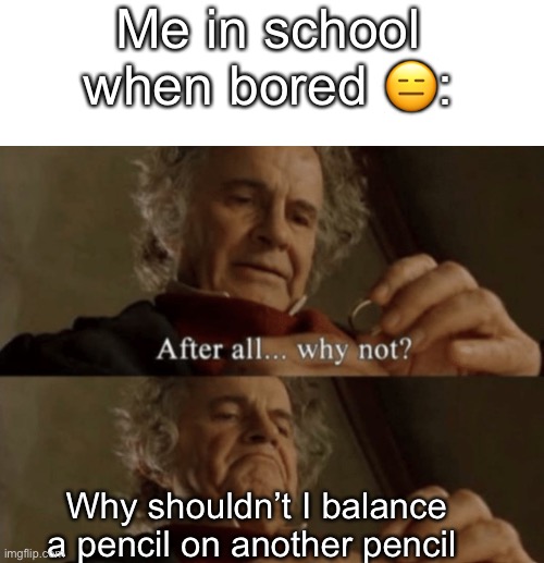 After all.. why not? |  Me in school when bored 😑:; Why shouldn’t I balance a pencil on another pencil | image tagged in after all why not | made w/ Imgflip meme maker