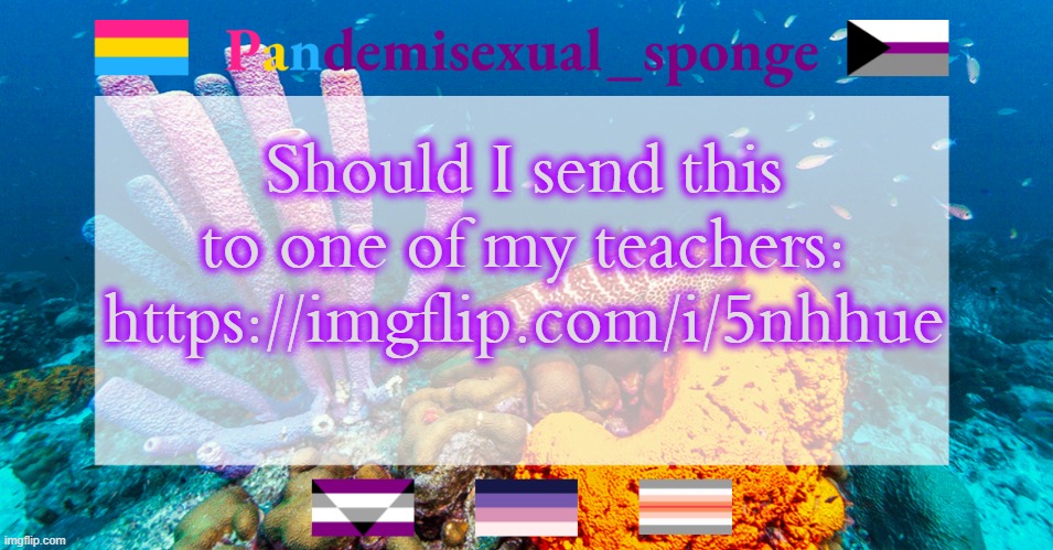 https://imgflip.com/i/5nhhue | Should I send this to one of my teachers: https://imgflip.com/i/5nhhue | image tagged in pandemisexual_sponge temp,demisexual_sponge | made w/ Imgflip meme maker