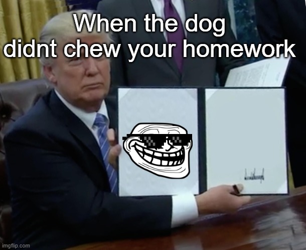 I dont have dog sadge |  When the dog didnt chew your homework | image tagged in memes,trump bill signing | made w/ Imgflip meme maker