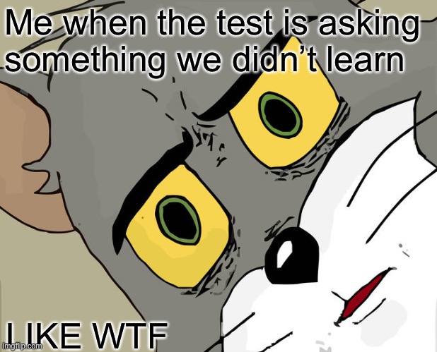 Unsettled Tom Meme | Me when the test is asking something we didn’t learn; LIKE WTF | image tagged in memes,unsettled tom | made w/ Imgflip meme maker