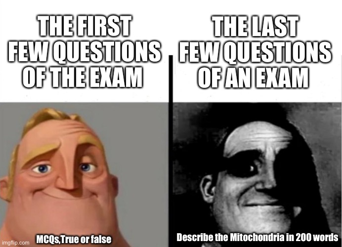 Teacher's Copy | THE FIRST FEW QUESTIONS OF THE EXAM; THE LAST FEW QUESTIONS OF AN EXAM; Describe the Mitochondria in 200 words; MCQs,True or false | image tagged in teacher's copy | made w/ Imgflip meme maker