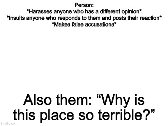 Blank White Template | Person:
*Harasses anyone who has a different opinion*
*Insults anyone who responds to them and posts their reaction*
*Makes false accusations*; Also them: “Why is this place so terrible?” | image tagged in blank white template | made w/ Imgflip meme maker