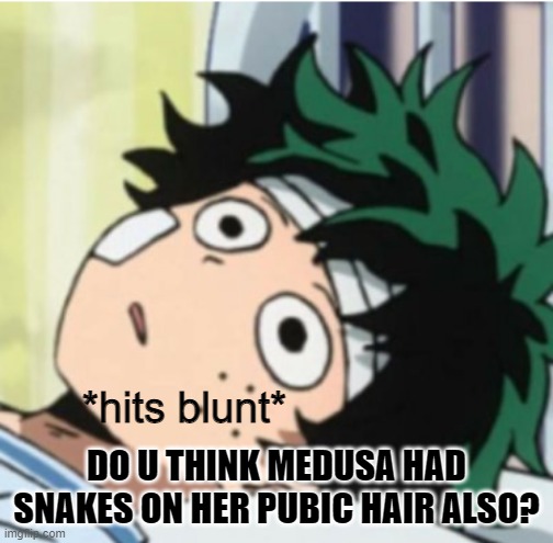 Hits blunt deku ver. | DO U THINK MEDUSA HAD SNAKES ON HER PUBIC HAIR ALSO? | image tagged in hits blunt deku ver | made w/ Imgflip meme maker