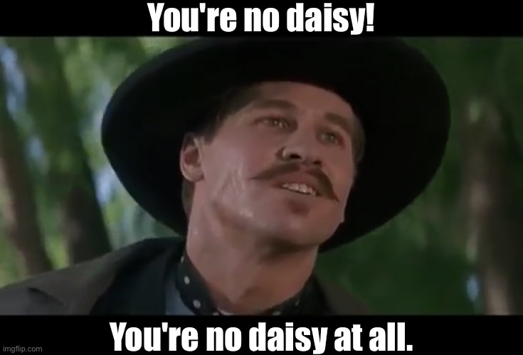  You're no daisy! You're no daisy at all. | image tagged in doc holliday,tombstone,val kilmer,daisy | made w/ Imgflip meme maker