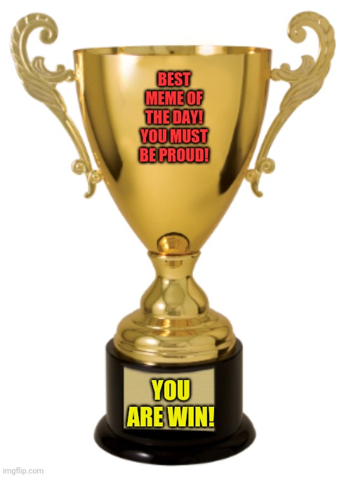 Trophy | YOU ARE WIN! BEST MEME OF THE DAY! YOU MUST BE PROUD! | image tagged in trophy | made w/ Imgflip meme maker